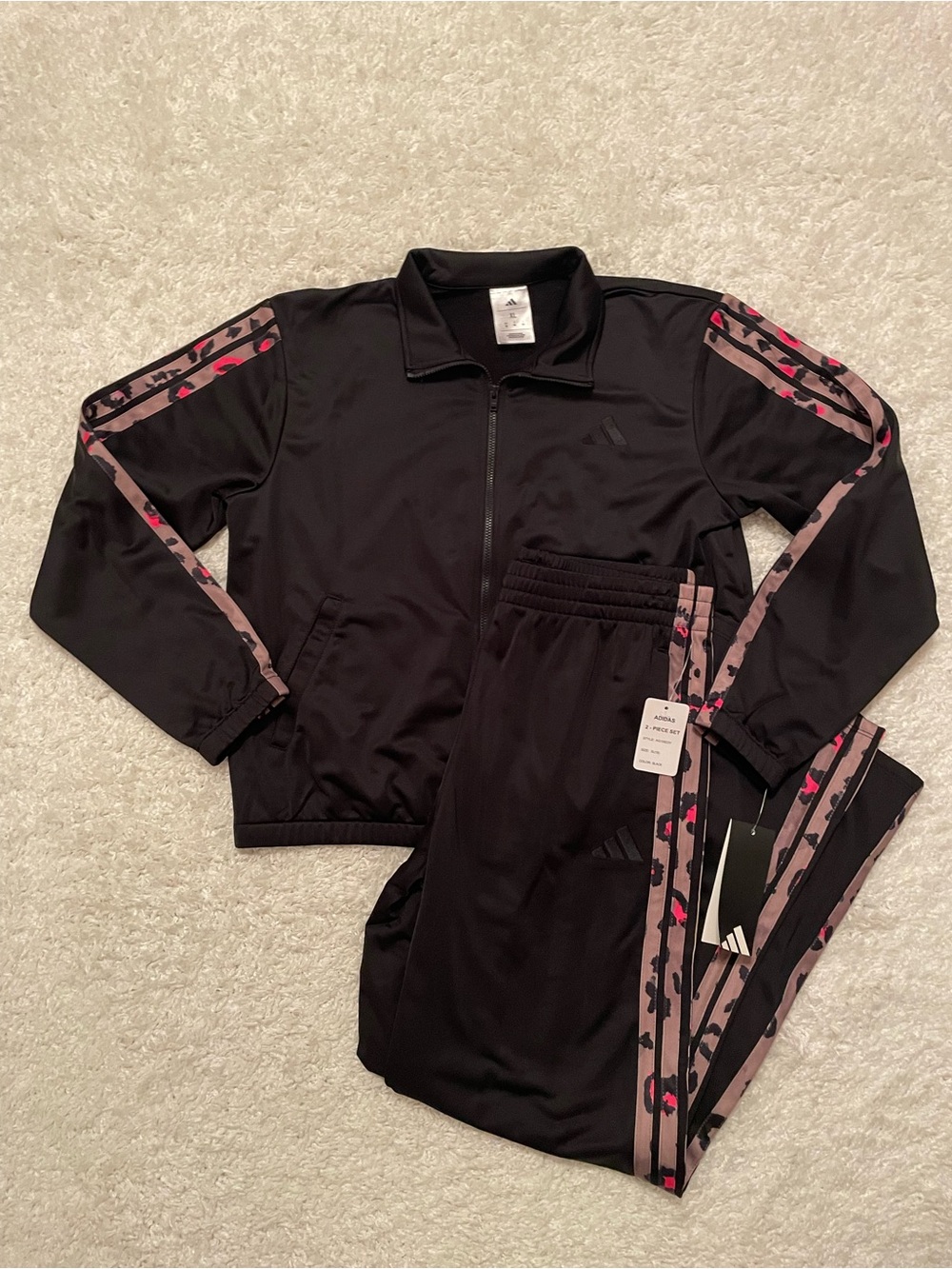 Girls Adidas 2 pc. Track Suit Black with animal print stripes Size XL (16) NWT